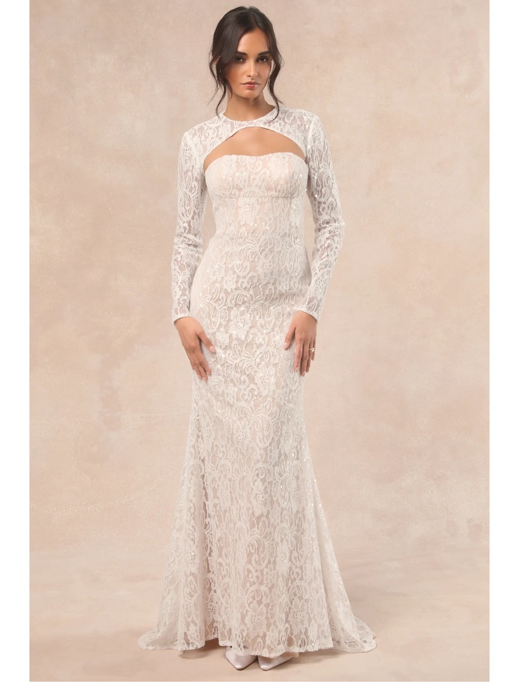 NWT Lulu’s Neska White and Beige Lace Maxi Wedding Dress and Shrug Set Large